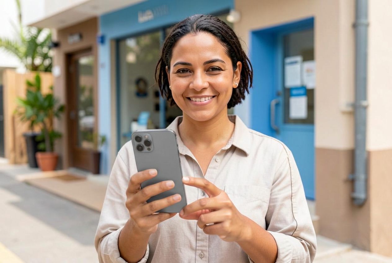 Comerciante latino en su negocio conversando por WhatsApp