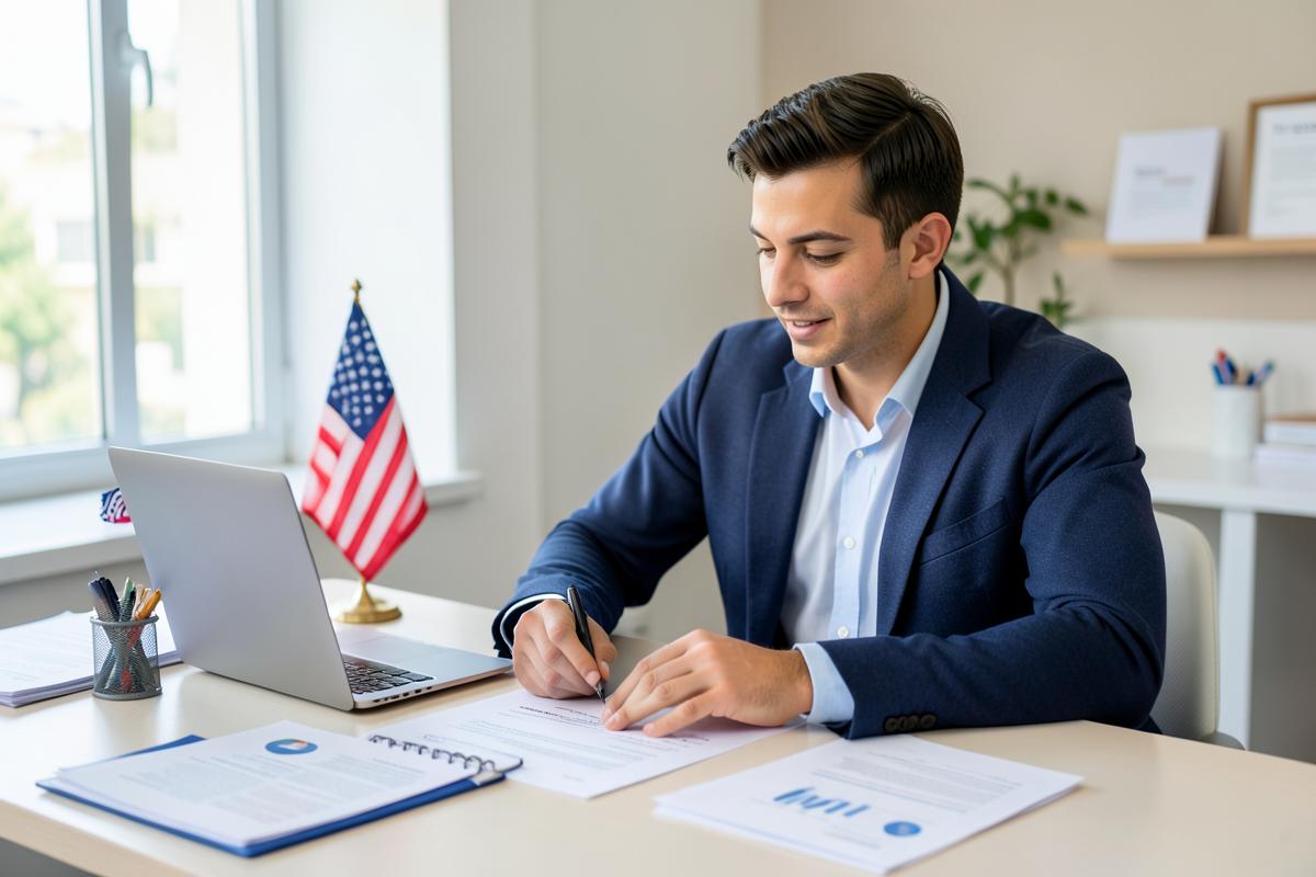 Emprendedora revisando la documentación de su empresa en Estados Unidos