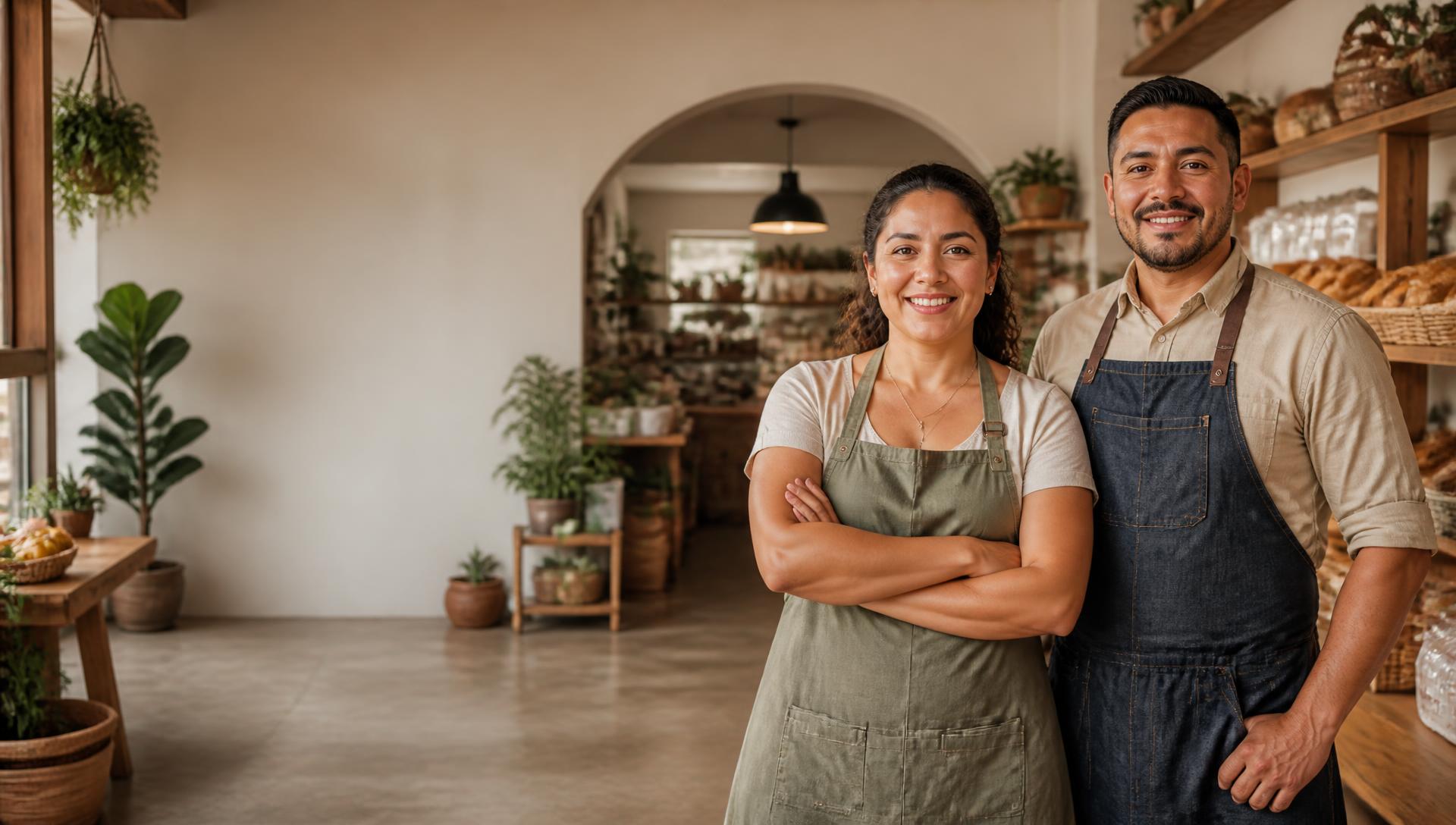 Dueños de un negocio latino sonriendo en su local